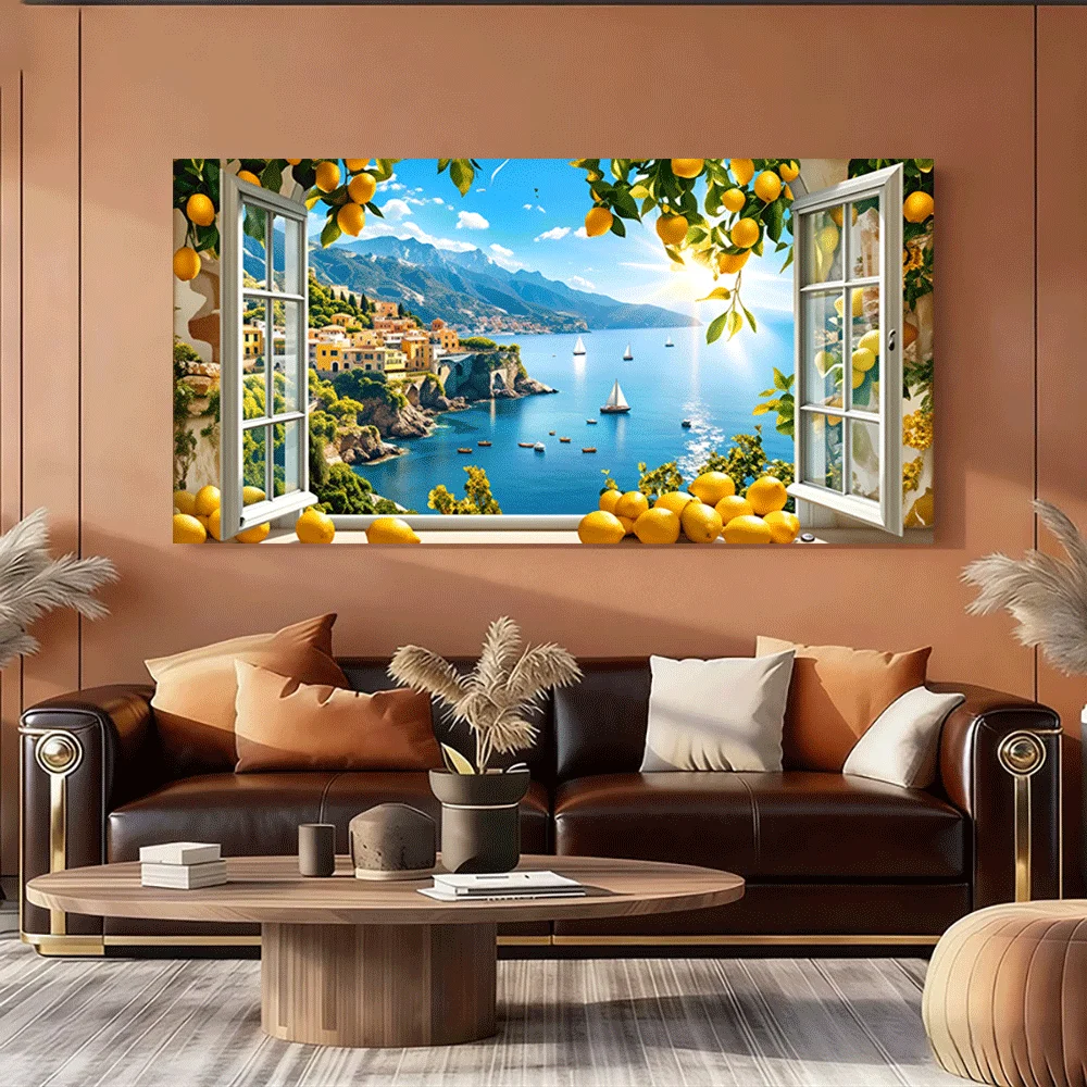 1 Stück-Leinwandposter, ungerahmt, Fensteransicht, Zitronenbaum, Mittelmeer, Segelboote, Bergdorf, Sommerszene, Kunstdruck, Sommer