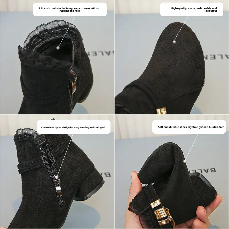 Children's Fashion Boots 3-12 Years Old Black Medium Heel Students Girls High Heels Size 27-38 Fashion Hundred Kids Girls Boots