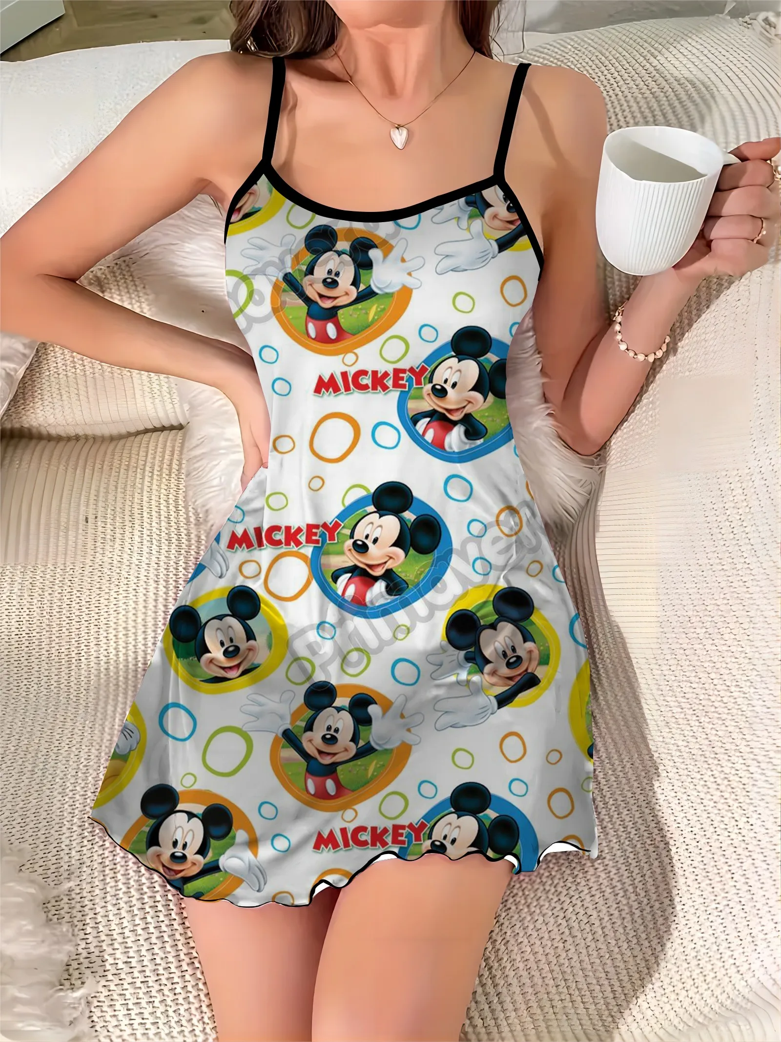 Lettuce Trim Pajama Skirt Elegant Chic Dress Disney Minnie Mouse Crew Neck Satin Surface Mickey Fashion Summer Dresses 2024 Mini