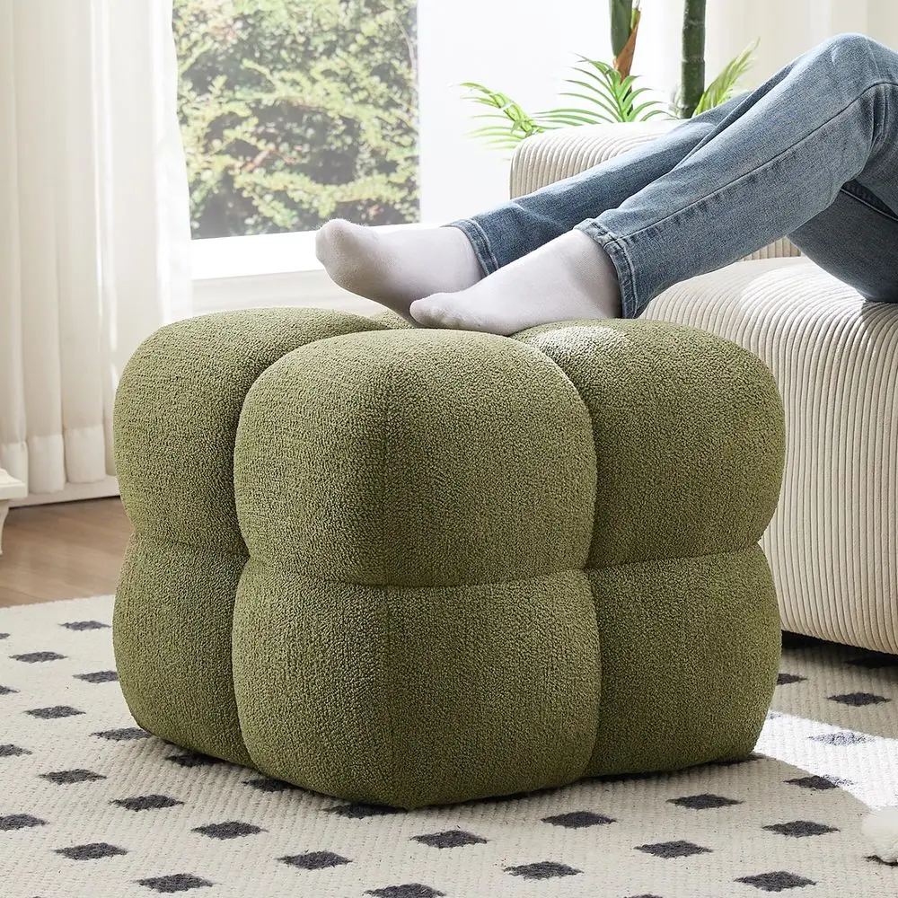

Olive Green Modern Ottoman, 21 Square Fuzzy Couch Sherpa Pouf Ottoman, Tufted Cute Boucle Fabric Foot Stools, Upholsered Footre