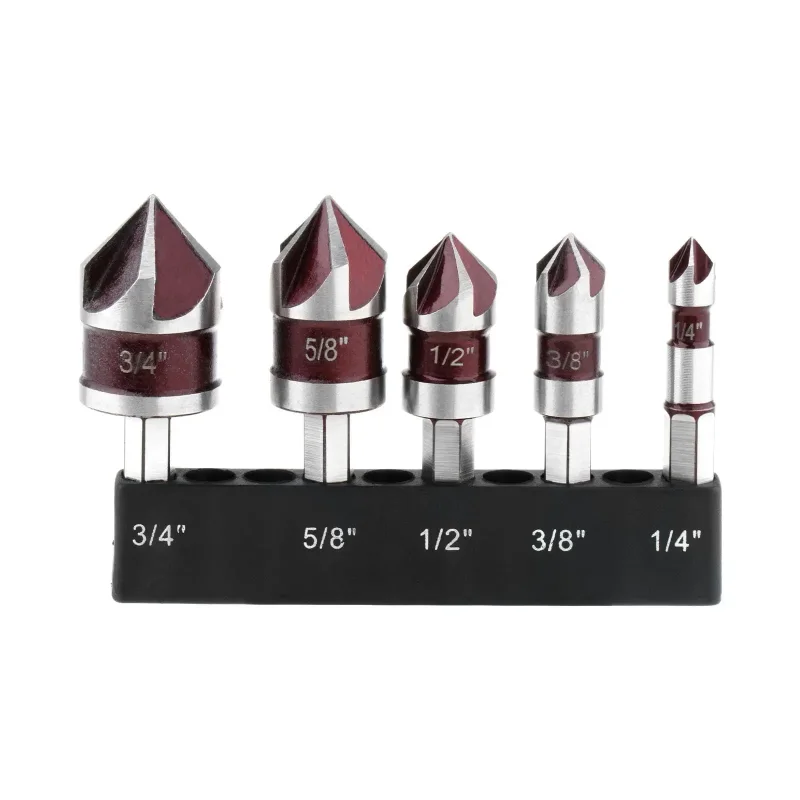

5pcs Countersink Drill Bit Set 1/4 3/8 1/2 5/8 3/4inch 1/4 Inch Hex Shank Countersunk Bits Deburring Bit for Wood Metal Plastic