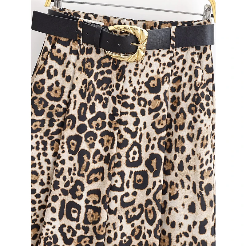 YENKYE خمر مع حزام عالية الخصر بنطال ذو قصة أرجل واسعة ليوبارد طباعة الساتان عادية المرأة بنطلونات الصيف فضفاضة