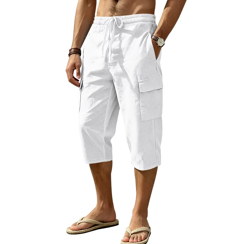 Europäische und amerikanische Sommer-Shorts aus Leinen für Herren, lässig, Outdoor, Arbeitskleidung, Pendler, Sport, Multi-Pocket, 7/8-Länge – Detail 4