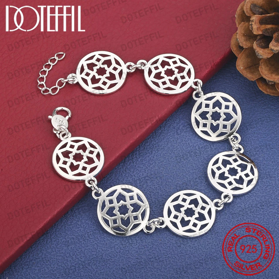 

925 Sterling Silver 8-inch Exquisite Round Flower Bracelet, Fashionable Women's Gift, Wedding Party Jewelry