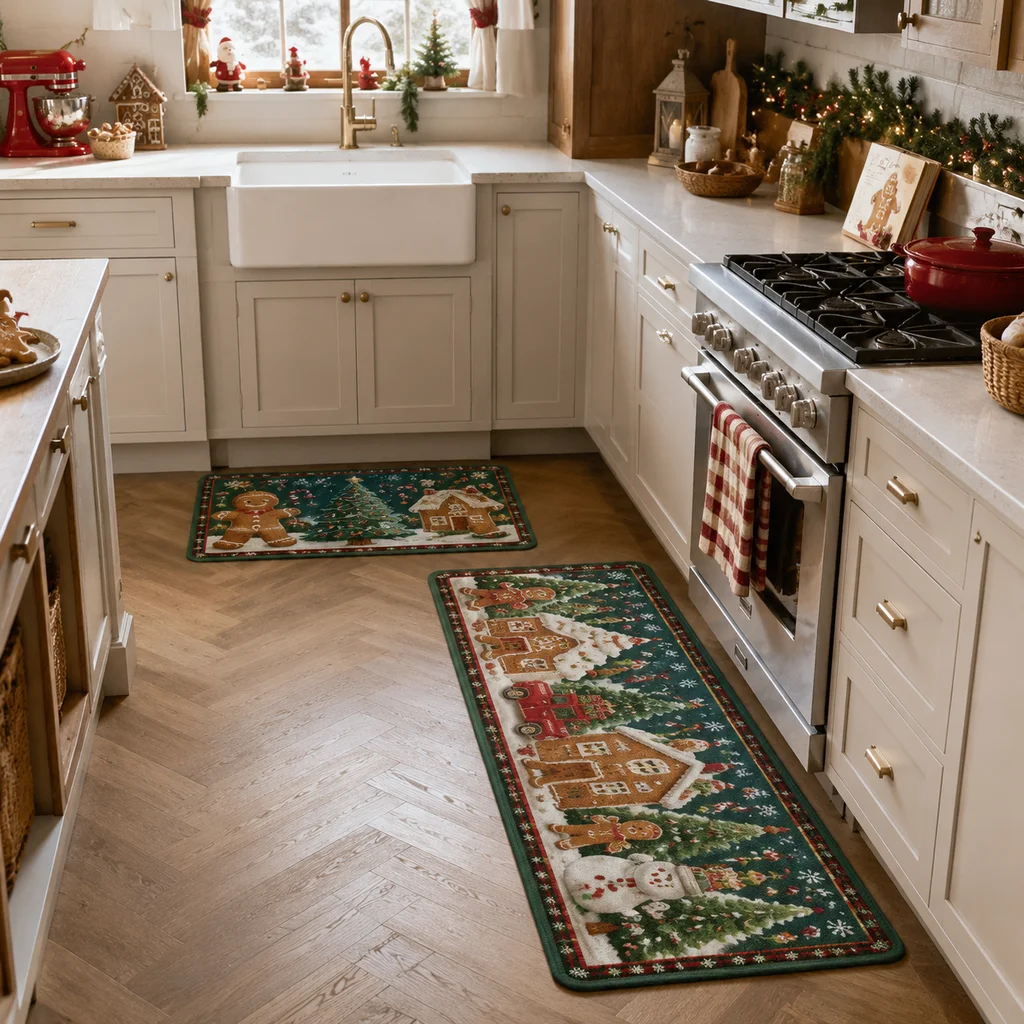 VIKAMA Christmas Corridor Rug For Kitchen, Dining Room, Laundry Room Easy To Clean, Plush Fabric Decorative Foot Mat, 1pc / 2pc