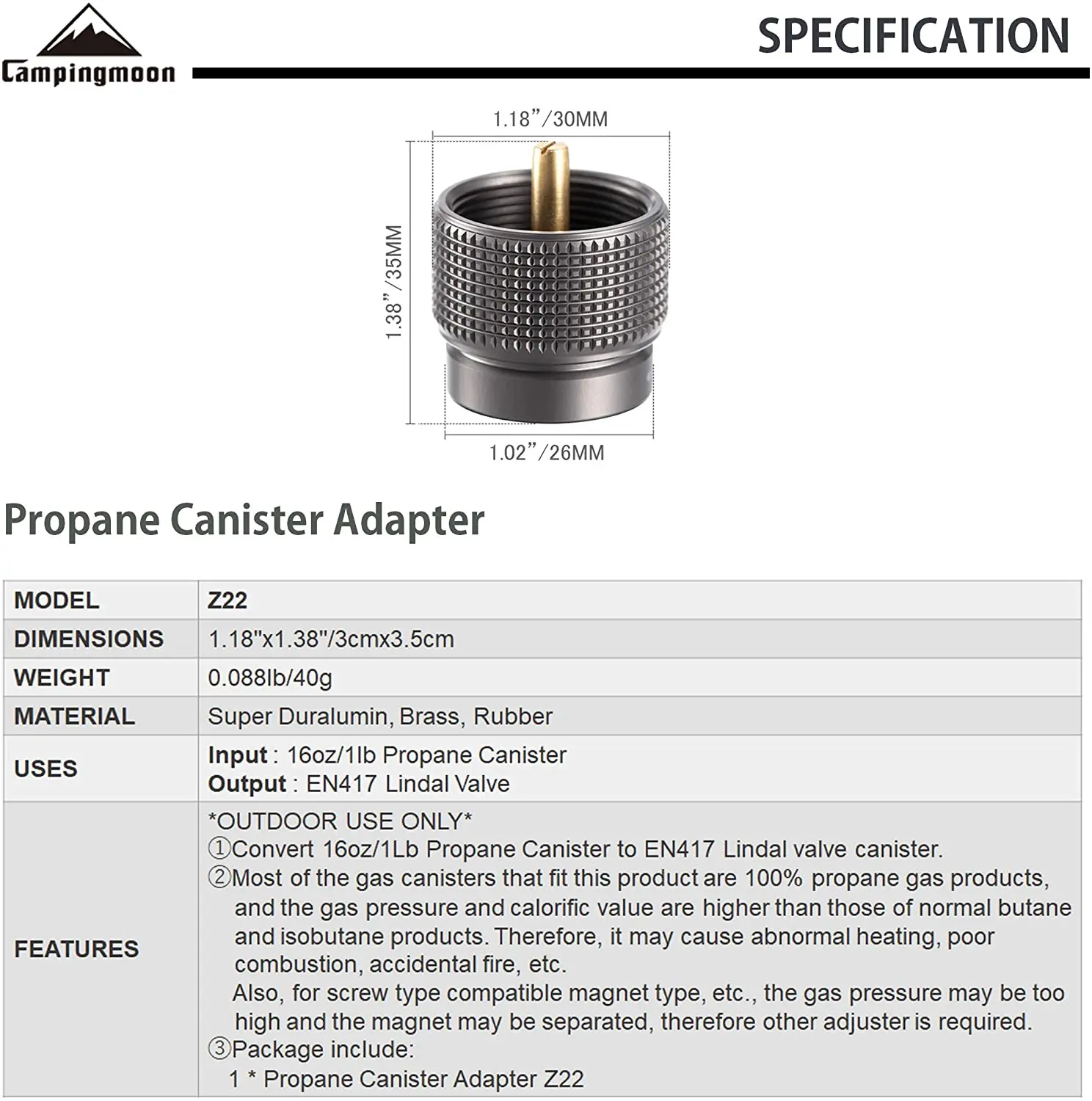 Outdoor Camping CAMPINGMOON Z22 American Standard and Aluminum Alloy MAPP Gas Cylinder Cartridge Transfer Gas Stove IPE Adapter