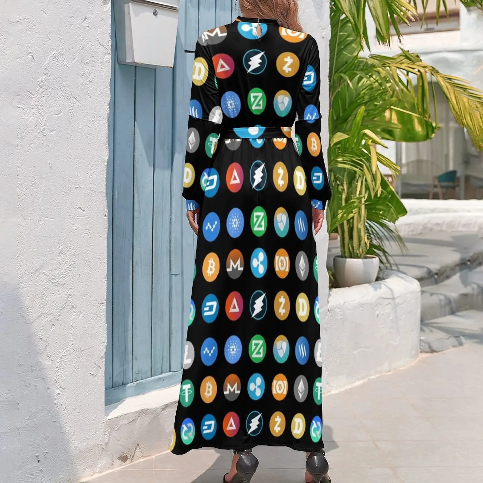 Crypto Bitcoin Dress Coin Blockchain Basic Beach Dresses Woman Long-Sleeve High Waist Modern Long Maxi Dress