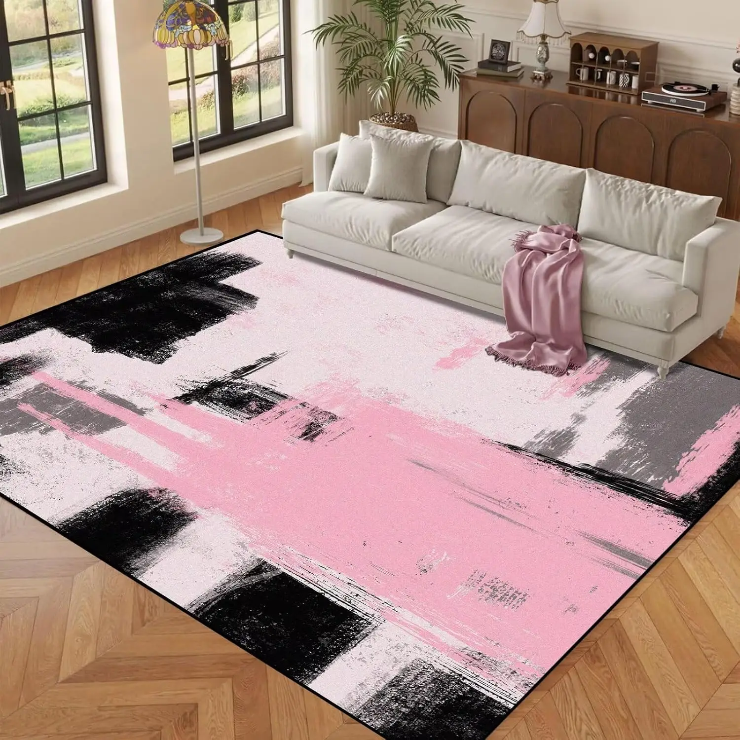 1pc 2D Flat Pink Black Brush Stroke Abstract Printed Floor Mat, Decorative Rug for Living Room, Bedroom, Office, Home Decor