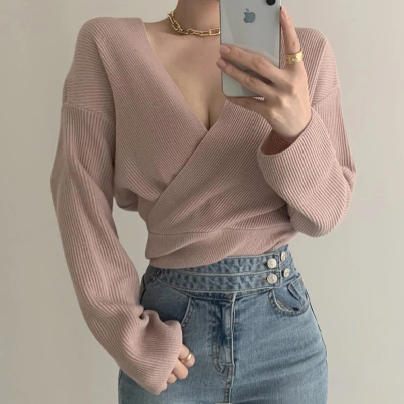 

Black Pink Blue V Neck Cute Warm 2021 Jumpers Solid Autumn Pollover Cropped Sweater Woman Thick Knitted Top Winter Clothes Women