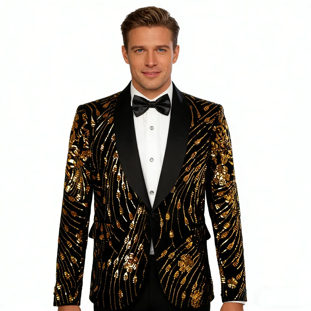 

Glitter Gold Sequins Suit Jackets Velvet Shawl Collar Slim Fit Groom Wedding Tuxedo Evening Party Banquet Singer Host Blazer