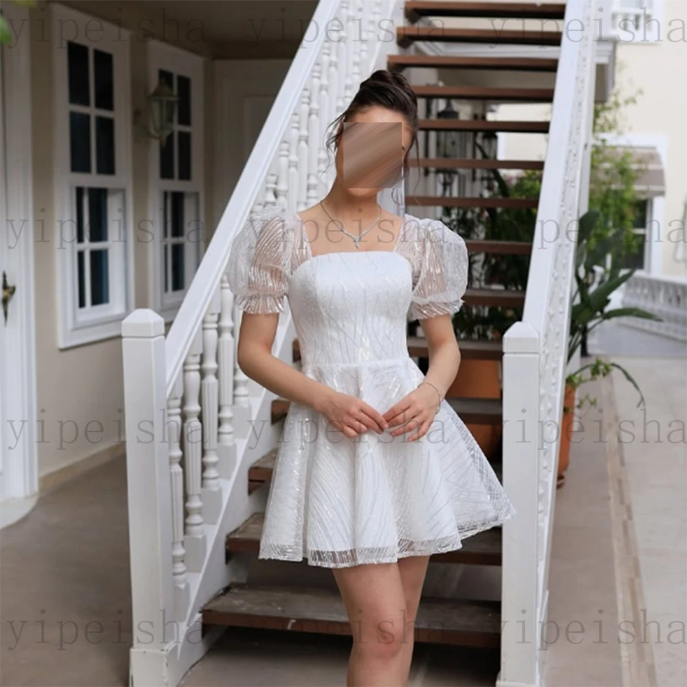 Мини-платье для выпускного вечера с квадратным воротником по индивидуальному заказу, белое трапециевидное кружевное вечернее платье с короткими рукавами и открытой спиной, простое летнее коктейльное платье