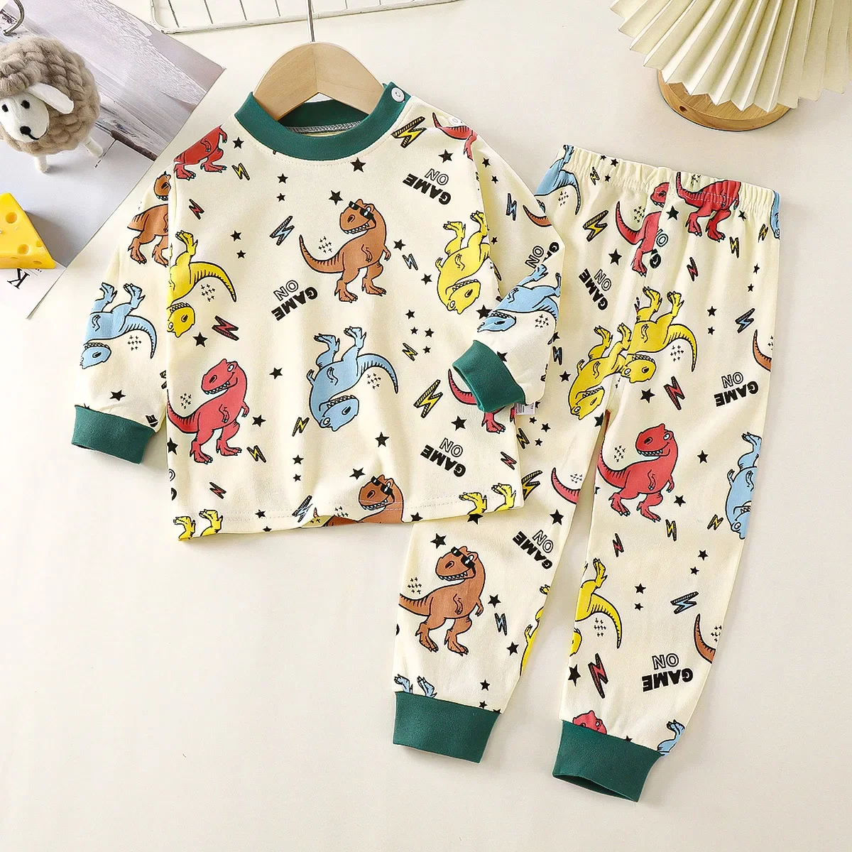 Pijamas cálidos de algodón puro para niños y niñas, ropa de dormir de manga larga con dibujos de dinosaurios, conjuntos de ropa para bebés, otoño, 2024