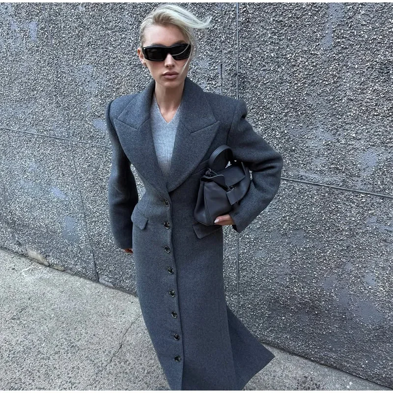 Elegant Long Jacket for Women High Waist Flip Collar Coat Stylish Commute Length Sleeve Pure Color Other Material Spring 2025