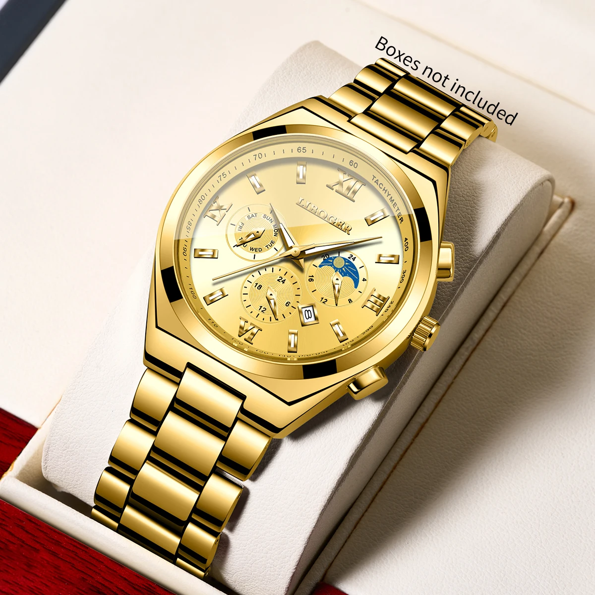 Luxury Roma Dial Men Quartz Watch Golden Stainless Steel Strap Date Display Business Wristwatch Relogio Masculino（Without Box）