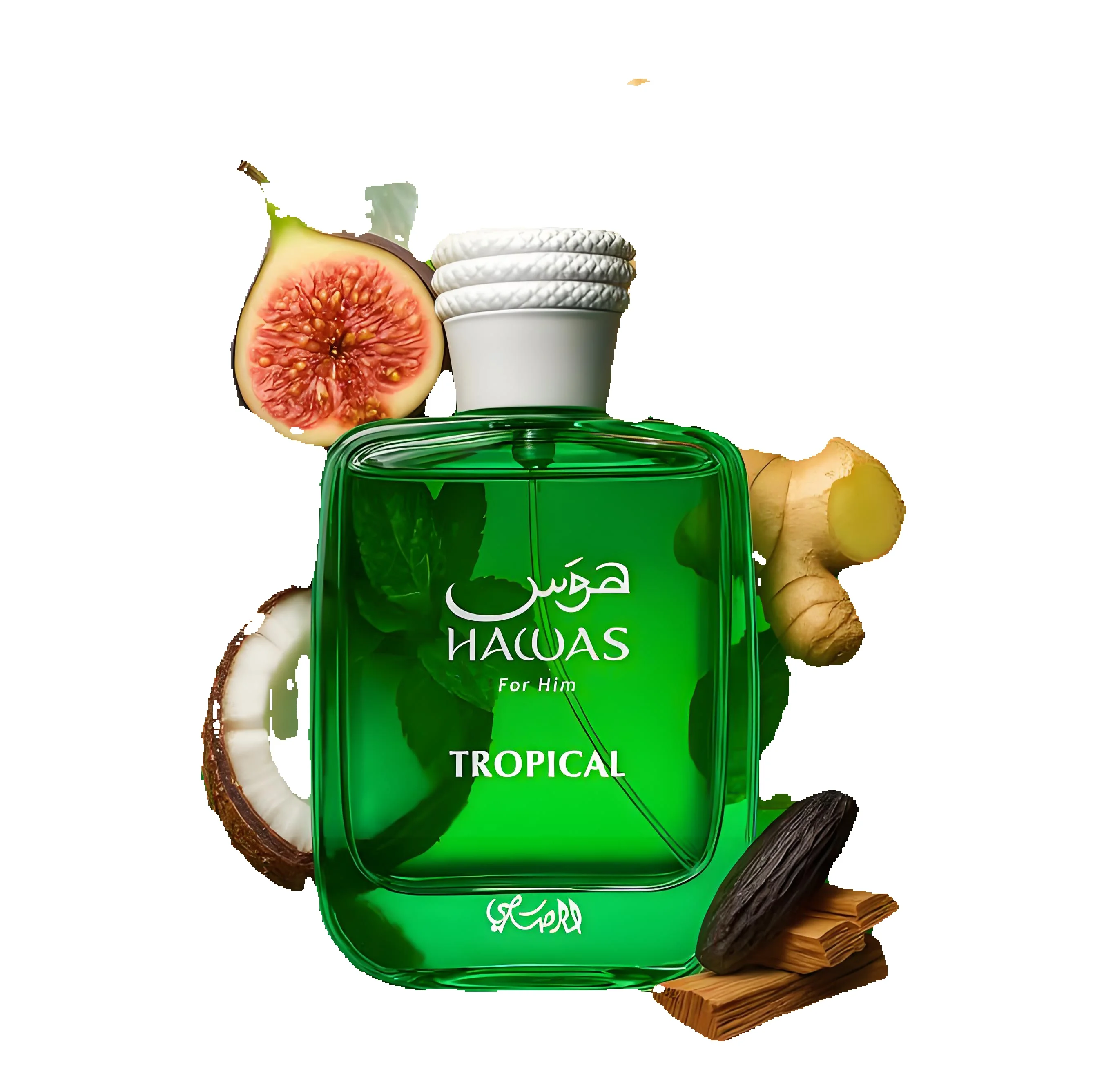 Hawas Tropical Men Eau De Parfum 100ml Coconut Fig Mint Scent Coconut Water Ginger Fig Leaf Opening Sandalwood Tonka Bean Musk Base for Summer Beach Daily Gift for Him