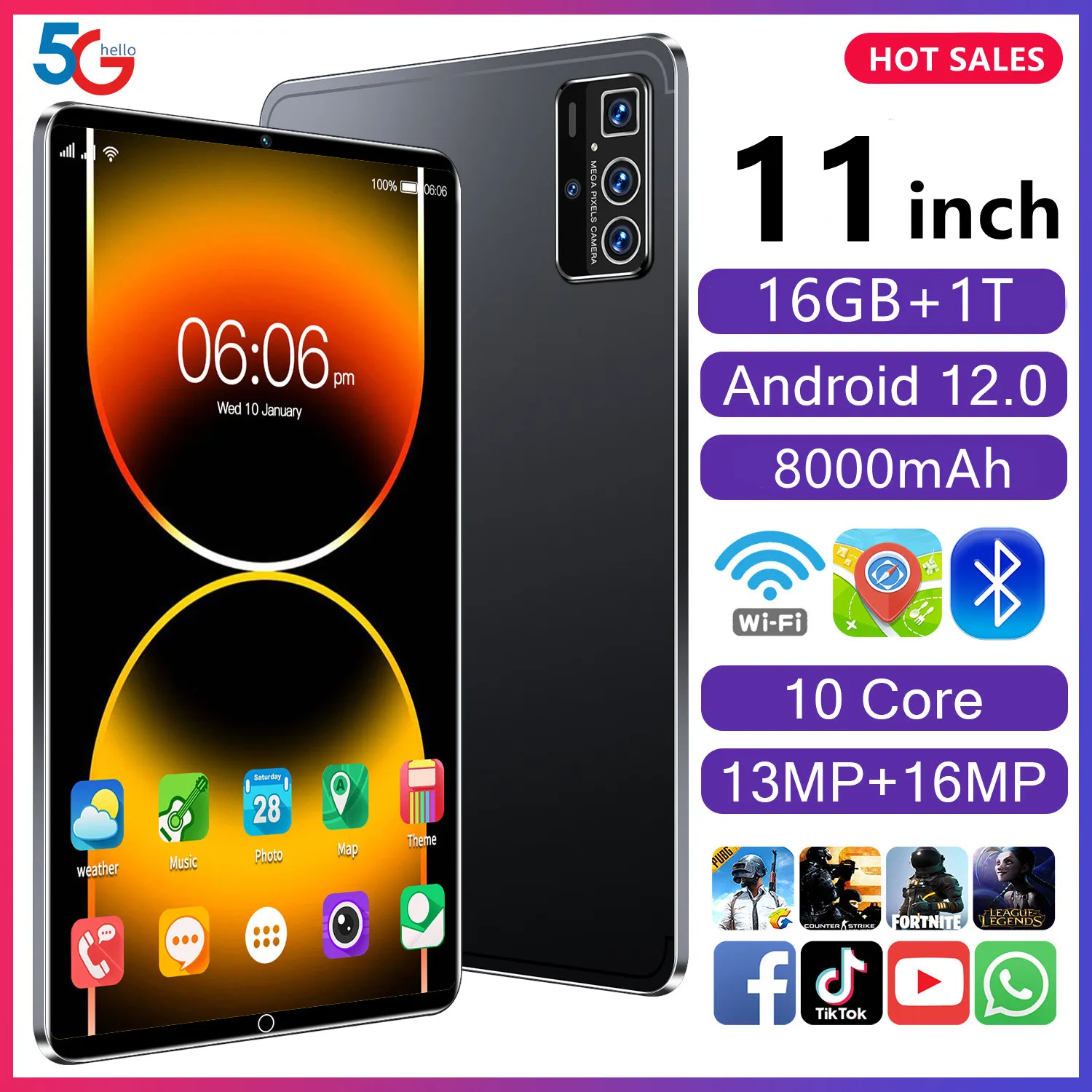 2023 Global Version New 11 Inch 16GB RAM 1T ROM Android 12 Tablet Deca Core Dual 5G LTE Phone Call Bluetooth WiFi WPS Tablet