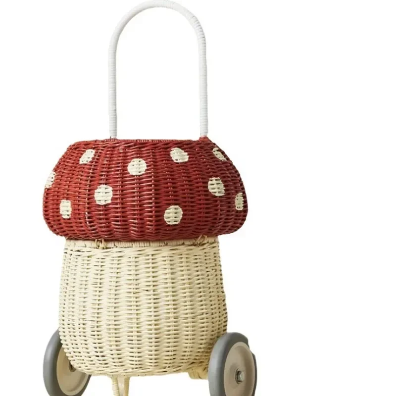 

INS Nordic Children Rattan Woven Storage Basket Mushroom Hand Pull Cart Baby Room Decoration Kindergarten Photography Props