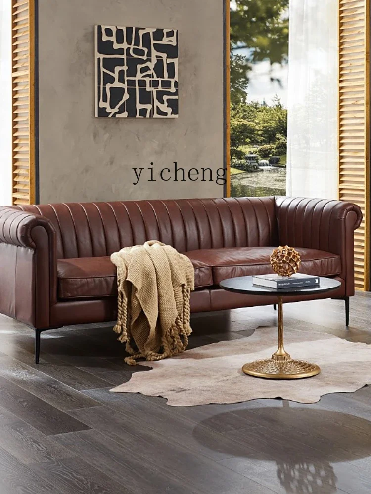 YY Nordic Retro Style Full Leather Sofa First Layer Cowhide American Light Luxury