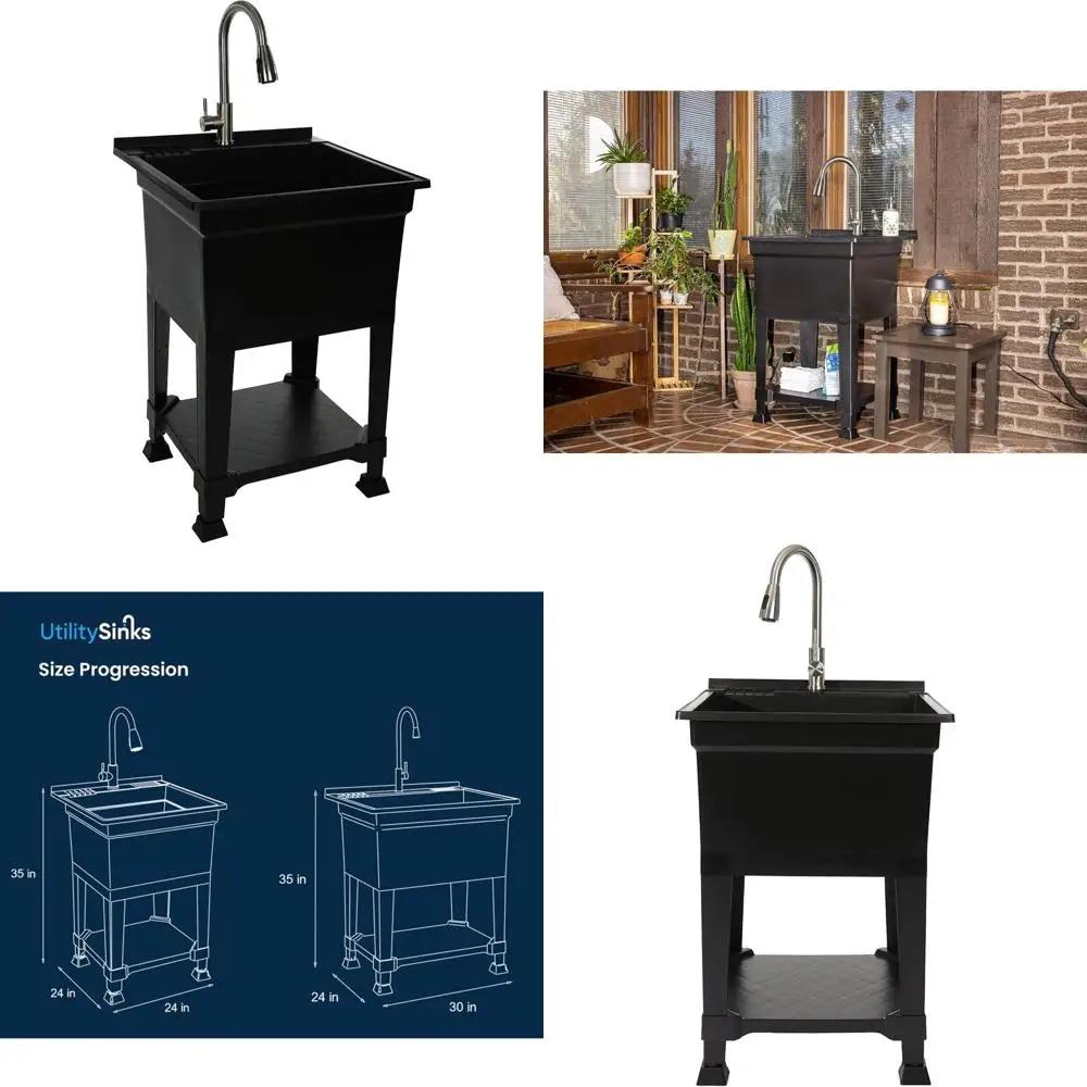 

Portable Outdoor Kitchen Sink, 24 x 24, Black, Freestanding Utility Tub with Quick-Connect Drain and Faucet