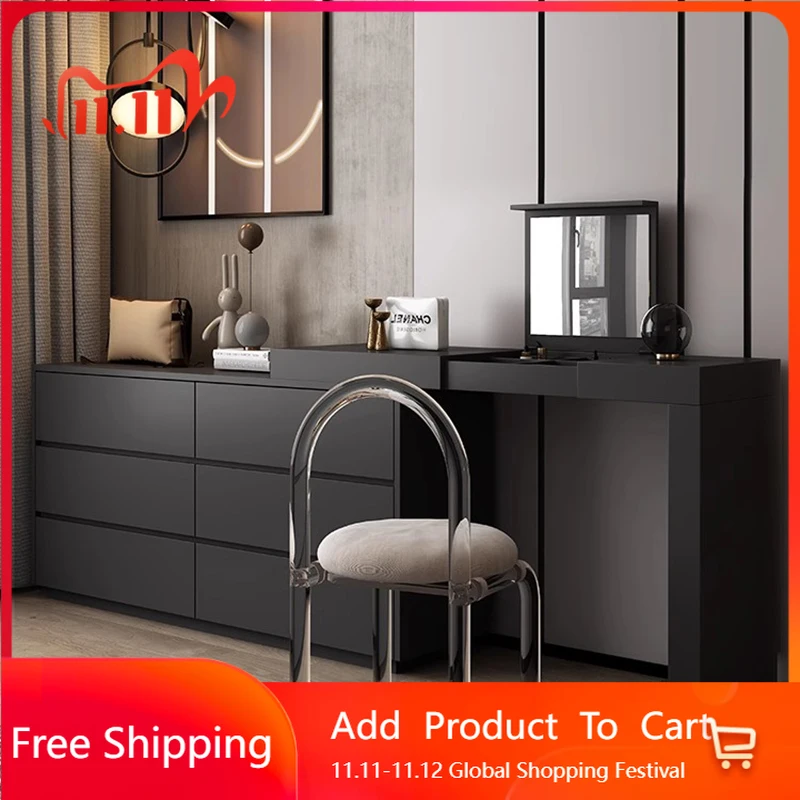 

Black Large Vanity Table Bedroom Vintage Wood Mirror Desk Study Bedside Dressing Table Drawers Modern Vestidores Home Furniture