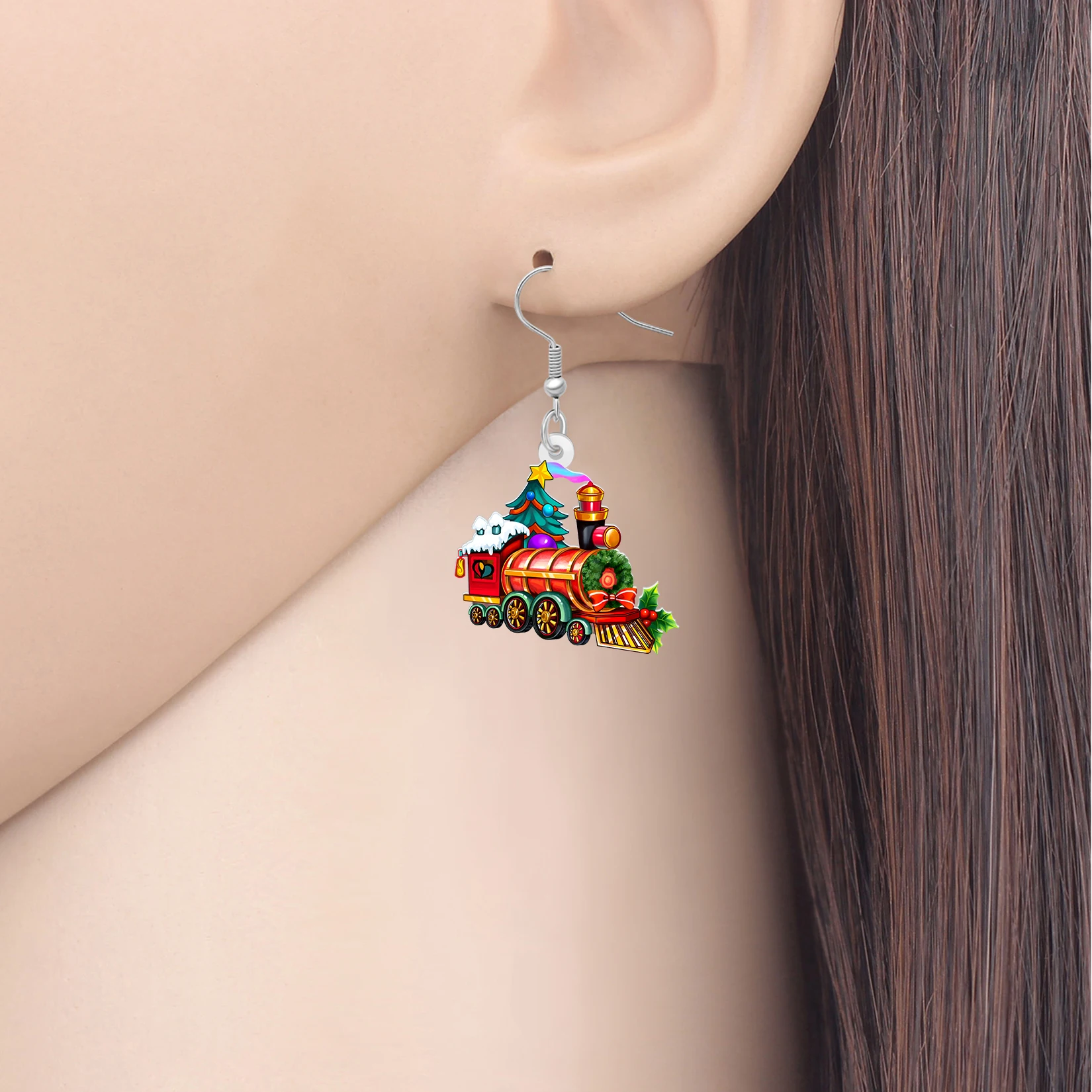 BONSNY Acrylic Christmas Train Earrings Santa Holiday Vintage Steam Trains Dangle Drop Jewelry Funny Xmas Gifts For Women Mom