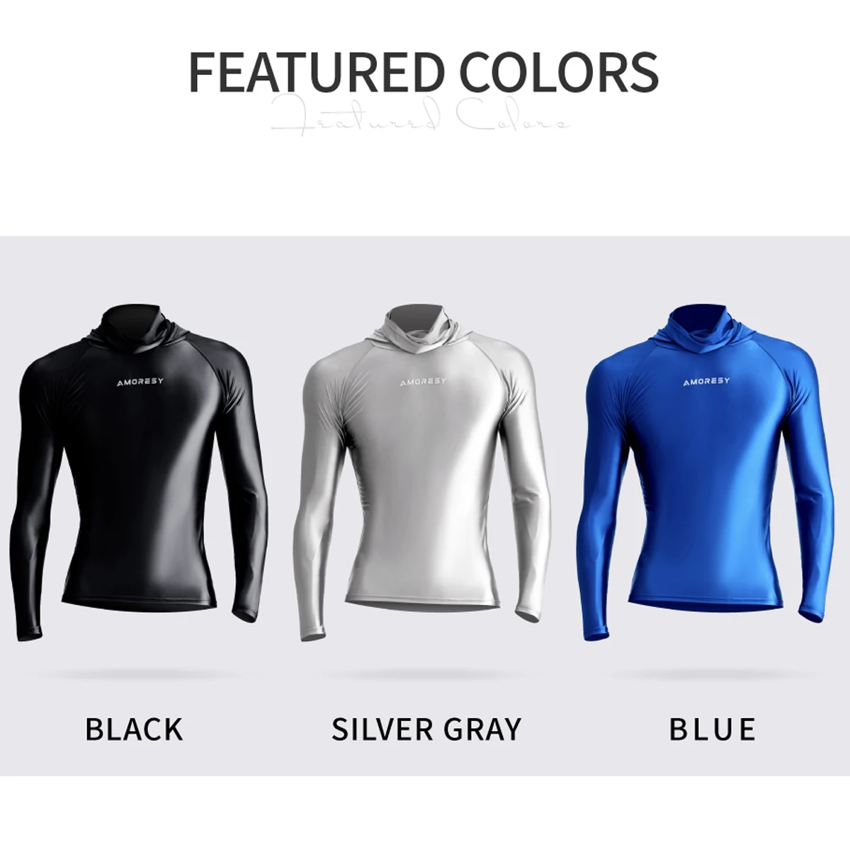 AMORESY Men Glossy Versatile Satin Stretch Breathable Hooded Tops Turtleneck Long-sleeve Sun Protection Running Outdoor T-shirt