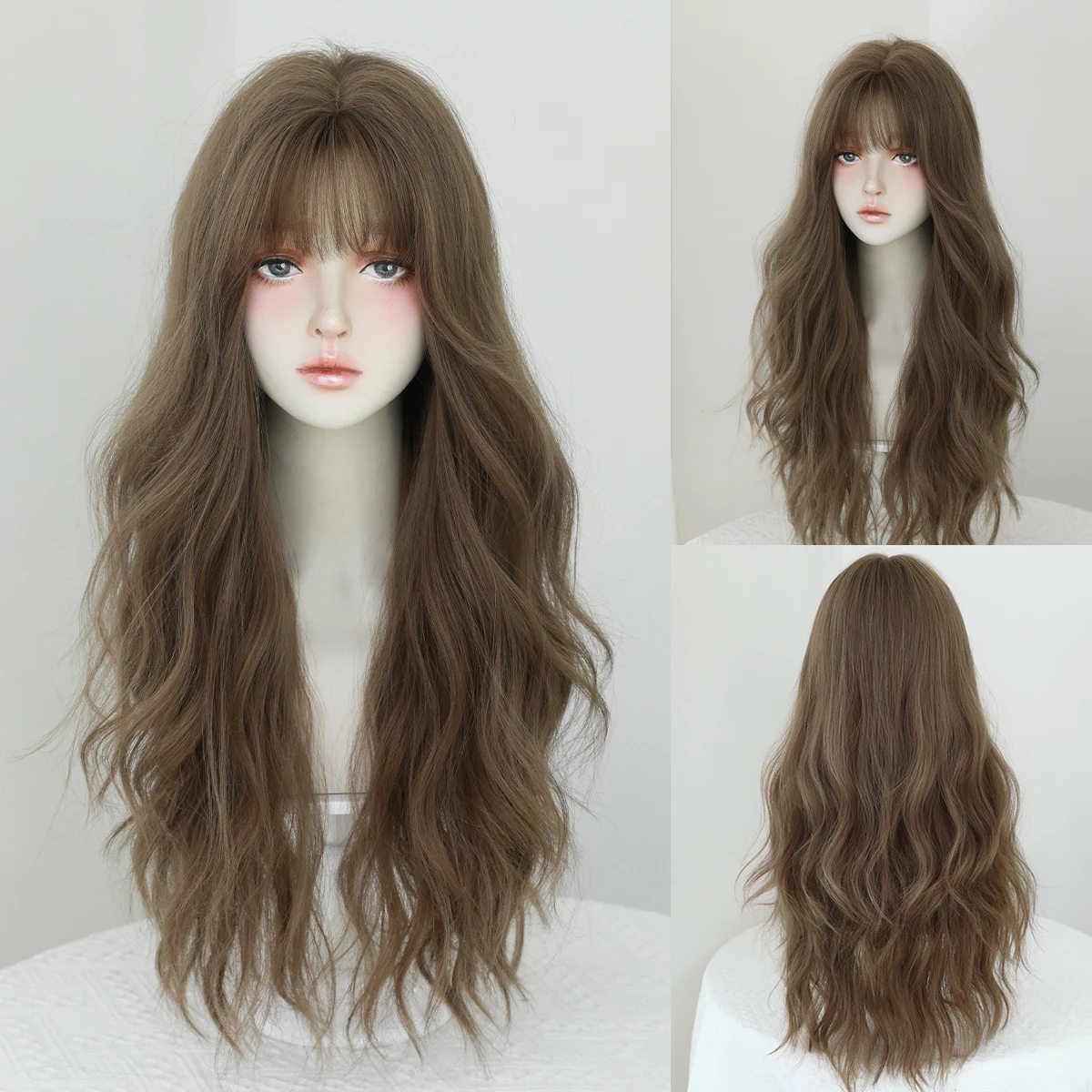 PARK YUN Body Wavy Wig Long Loose Curly Brown Wig for Women Daily Use High Density Synthetic Layered Hair Wigs with Bangs