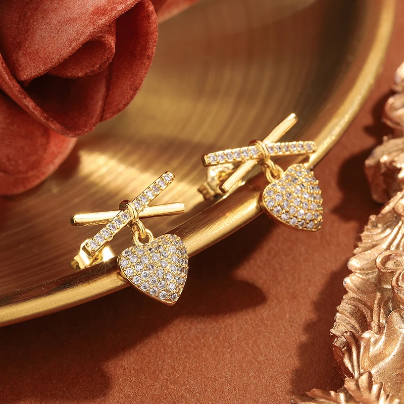 أقراط قلب ماسية فاخرة للنساء 925 ختم عالي الجودة على شكل فيونكة مجوهرات لحفلات الزفاف والذكرى السنوية #5