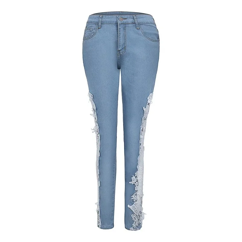 Women High Waist Slim Skinny Denim Pencil Pants 2024 New Oversized Sexy Fashion Lace Hollow Out Floral Appliques Jeans Trouser