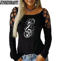 Musical Note Music Tide Casual Fashion Women O-Neck T Shirt Print T-Shirt Long Sleeves Funny T Shirts clothes Top Tees