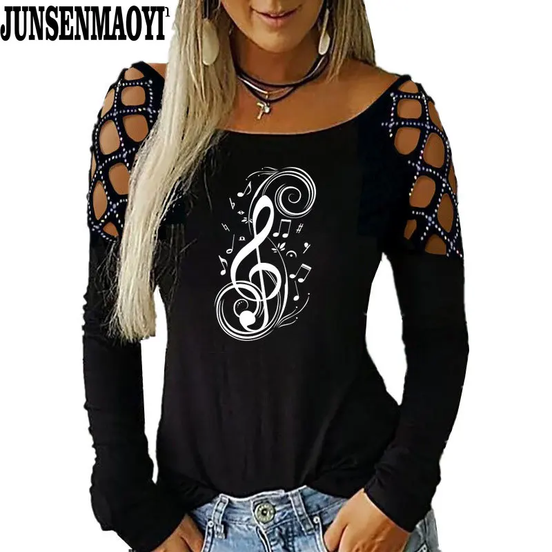 Nuta muzyki fala na co dzień kobiety mody koszulka z dekoltem w kształcie litery "o" T-Shirt z nadrukiem długie rękawy śmieszne koszulki z krótkim rękawem ubrania koszulki