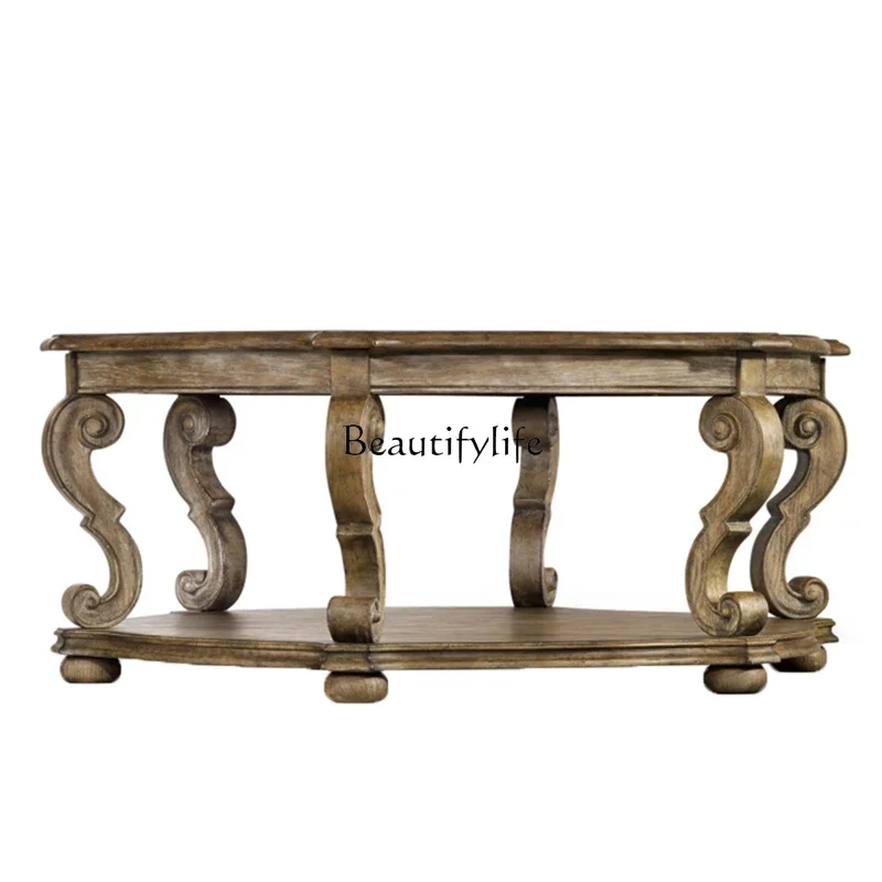 

PJ13American country retro old polygonal round coffee table antique hexagonal coffee table
