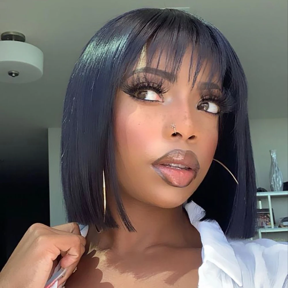 여성용 2x4 클로저 밥 가발, 짧은 스트레이트 블랙 밥 가발, 앞머리 있는 레미 인모 가발 (흑인 여성용)