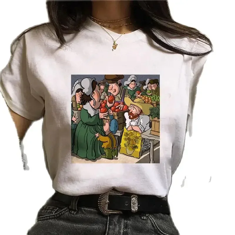 

Van Gogh T-shirt Woman Cartoon Parody Oil Painting Short Sleeve T-shirt Woman White Street Half Sleeve Tops Oversized T Shirt