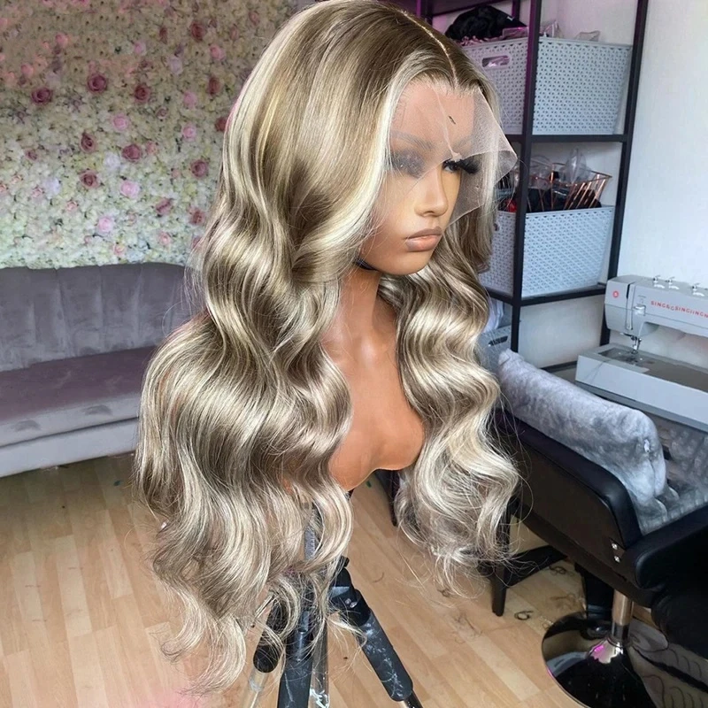 Perruque Lace Front Wig Body Wave Brésilienne Naturelle, Cheveux Remy, 13x4, Transparent, Ombré, Blond, HD, Densité 180%, Pre-Plucked