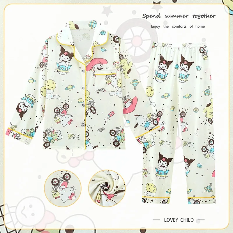 Sanrioed Printed Girl Cardigan Pajama Set Cartoon Hellokittys My Melody Kuromi Long Sleeved Pants Home Clothing Children's Gift