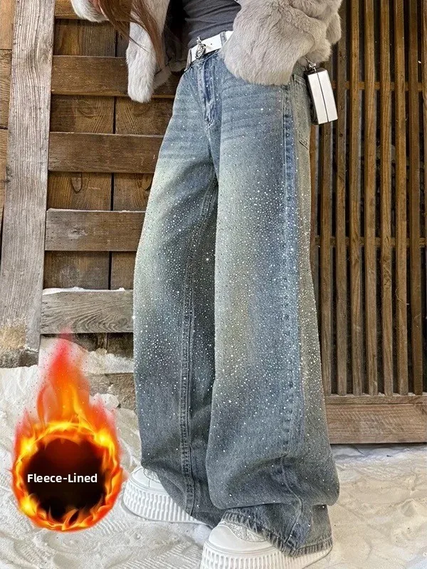 

iny Diamond Rhinestone Women's Jeans Loose Drapey Wide Leg Fce Lined Thiened Long Trousers Autumn Winter High Waist