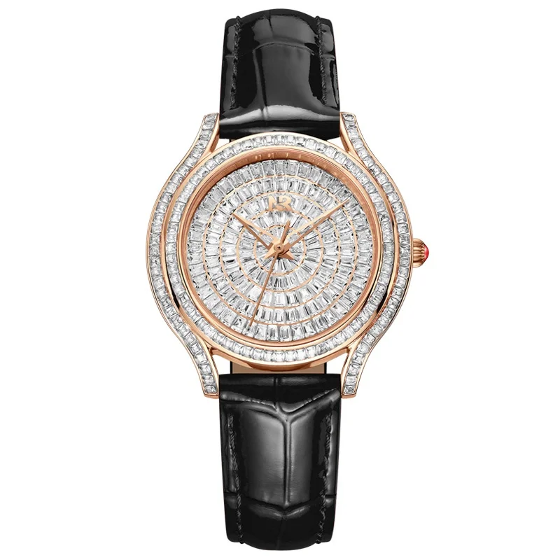 RUIXINE Luxury Women's Crystal Quartz Watch Round Rhinestone Dial Black Leather Strap Ladies Fashion Wristwatch for Women's