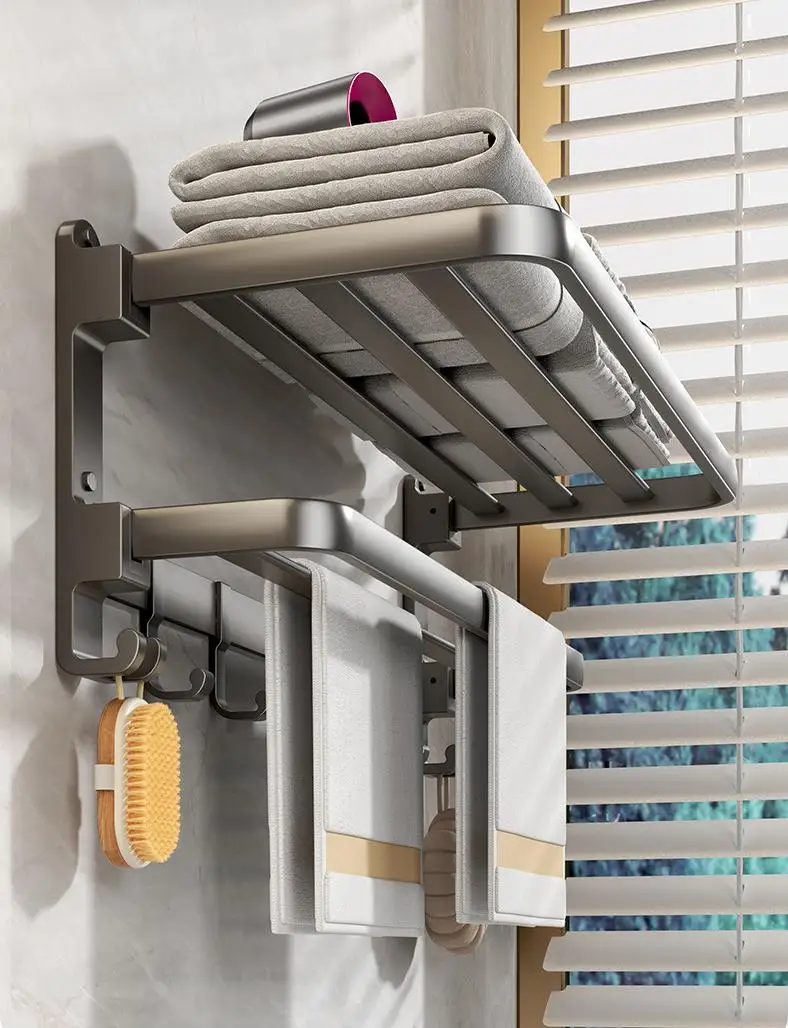 Gun Gray Folding Towel Rack 50cm Aluminum Hole-Free Bathroom Storage Rack Double Layer Bathroom Towel Rack Bathroom