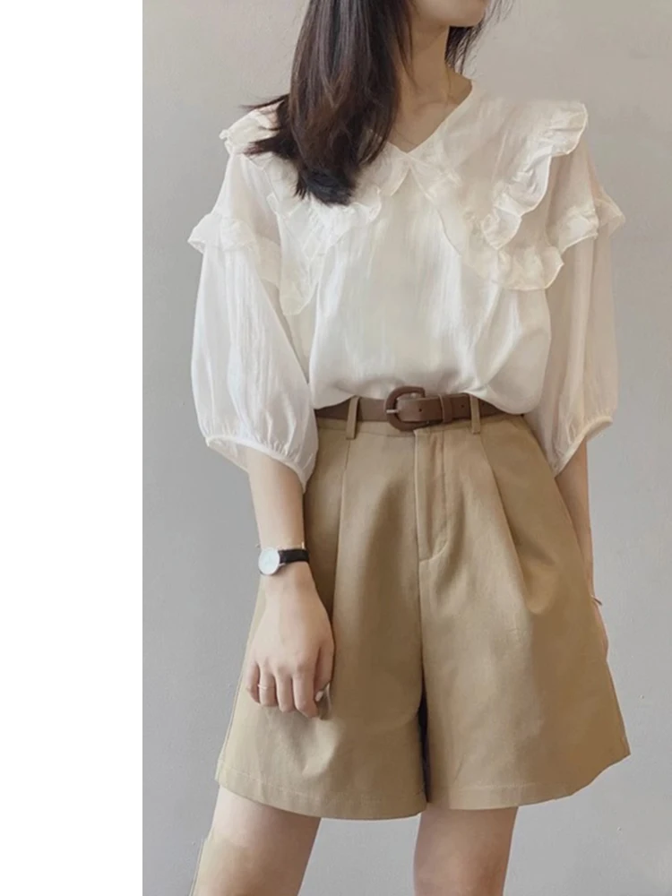 الكاكي عالية الخصر عادية orts النساء الشتاء الكمثرى القرد السراويل حجم كبير فضفاض التخسيس خمسة أرباع طول مستقيم الساق بنطلون