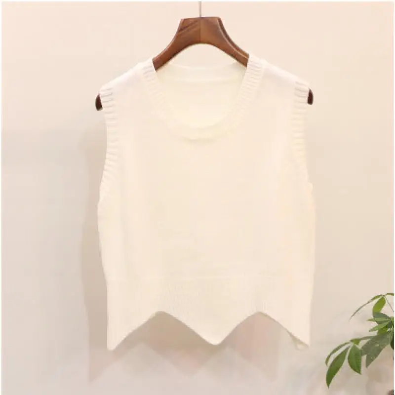 

Spring Autumn New Round Neck Knitted Vest Pullover Women's Vest Girls' Sweater Knitted Loose Casual майка White