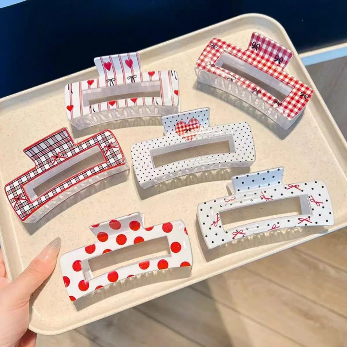 AWAYTR Sweet Rectangle Hair Claw Clips Fashion Bow Print Spot Dots Geometric Shark Clip Grab Clamps Women Hair Accessories