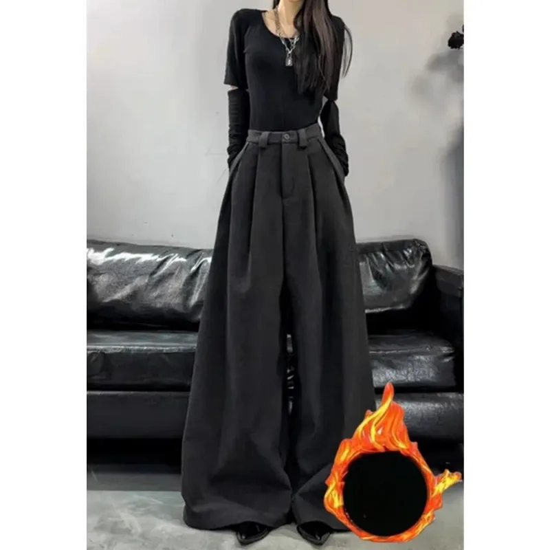 

Новые осенне-зимние стильные флисовые утолщенные брюки, прямые свободные брюки с высокой талией, утягивающие повседневные широкие брюки длиной до пола для женщин