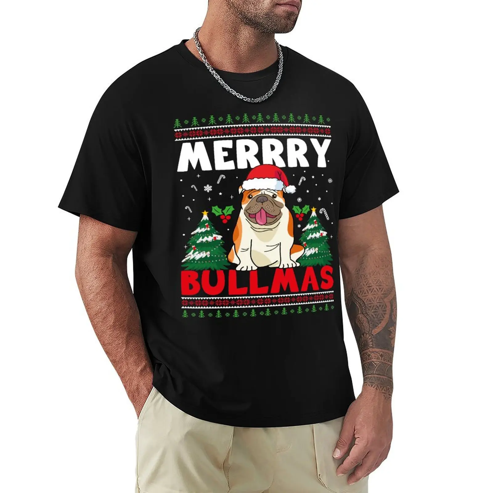 bulldog merry christmas bullmas T-Shirt Large Size Loose Casual Tee