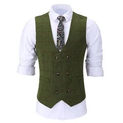 Men‘s Plaid Tweed Vest Vintage Double breasted Waistcoat Wool Groomsmen Suits Vest For Wedding Plus Size XS-5XL