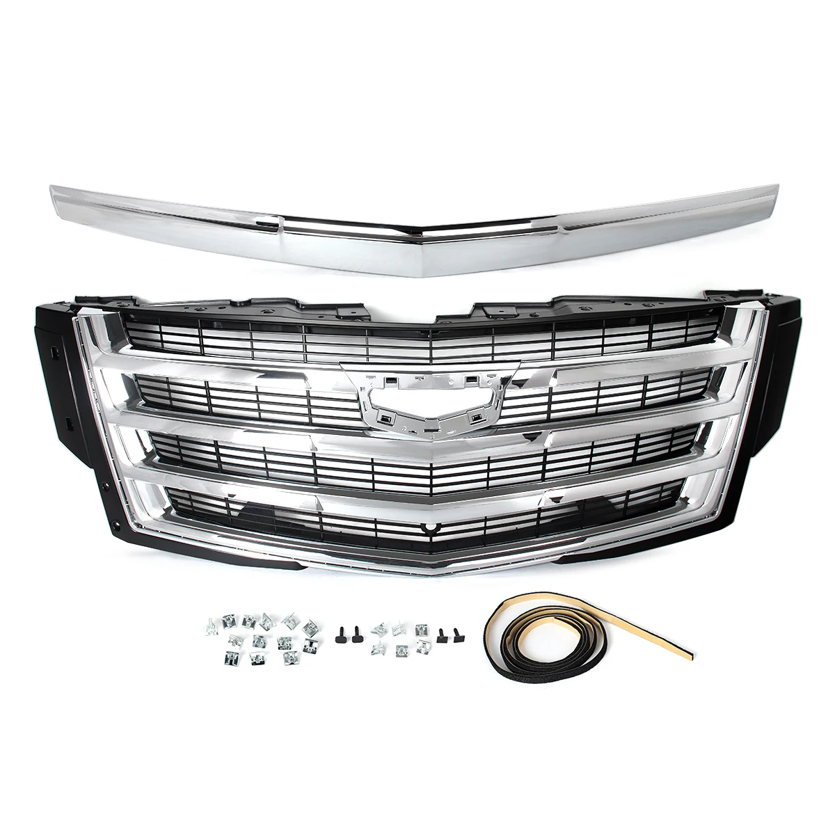 For Cadillac Escalade 2015-2020 Platinum Chrome Front Grille+Hood Molding Trim Front Upper Bumper Grille Hood Mesh Grid Assembly