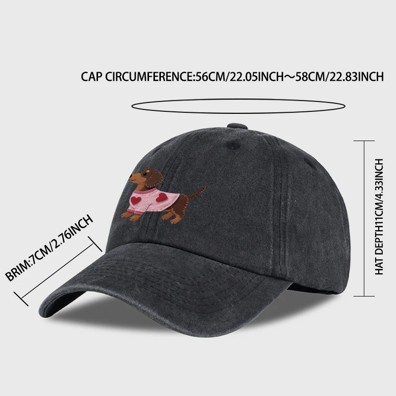 Cute Dachshund In Pink Heart Sweater Print Baseball Cap Men Women Vintage Washed Adjustable Dad Hat Pet Lover Sun Hat