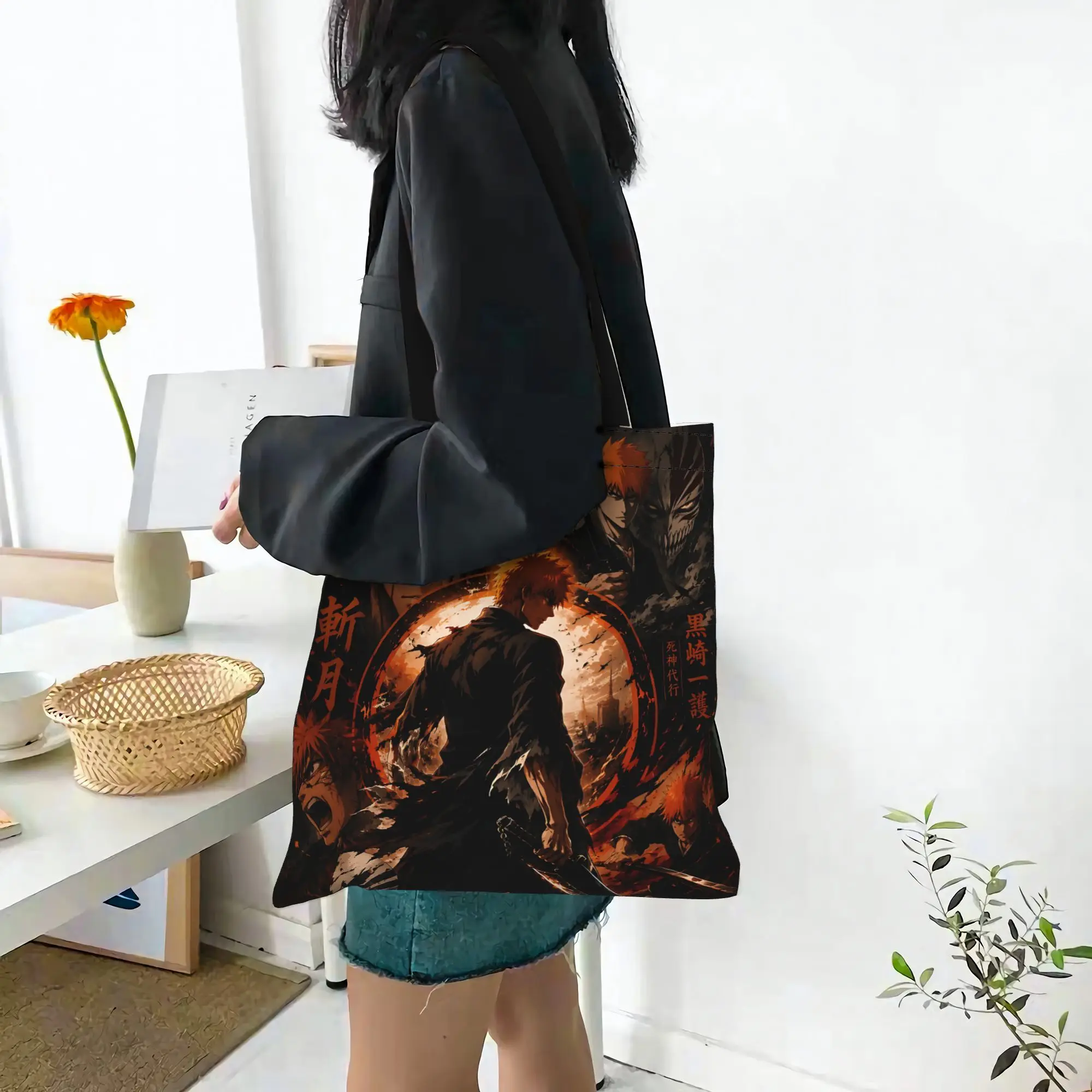 Customized Bleach Anime Women's Bag Campus Handbag Large Capacity  Canvas Tote Bag Foldable Chic Pattern