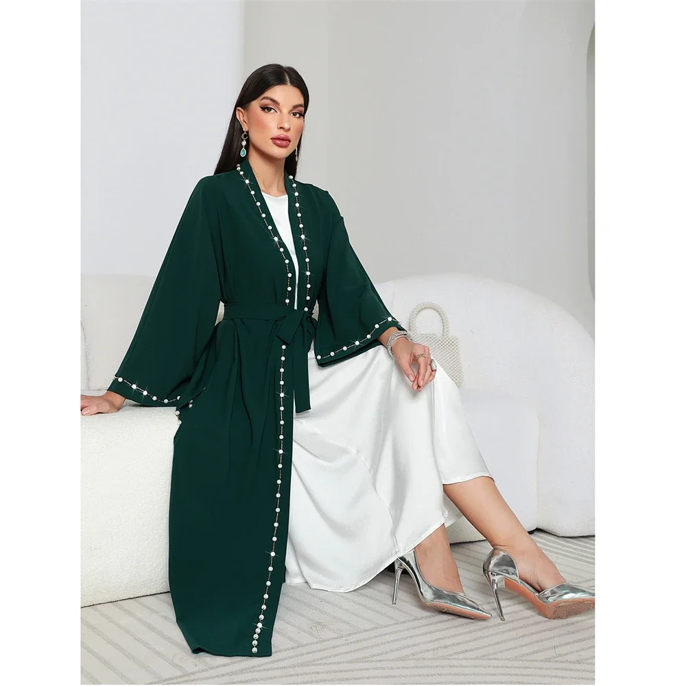 

Dubai Women Muslim Beading Open Abaya Kimono Cardigan Maxi Dress Turkey Kaftan Islamic Eid Party Morocco Evening Caftan Jalabiya