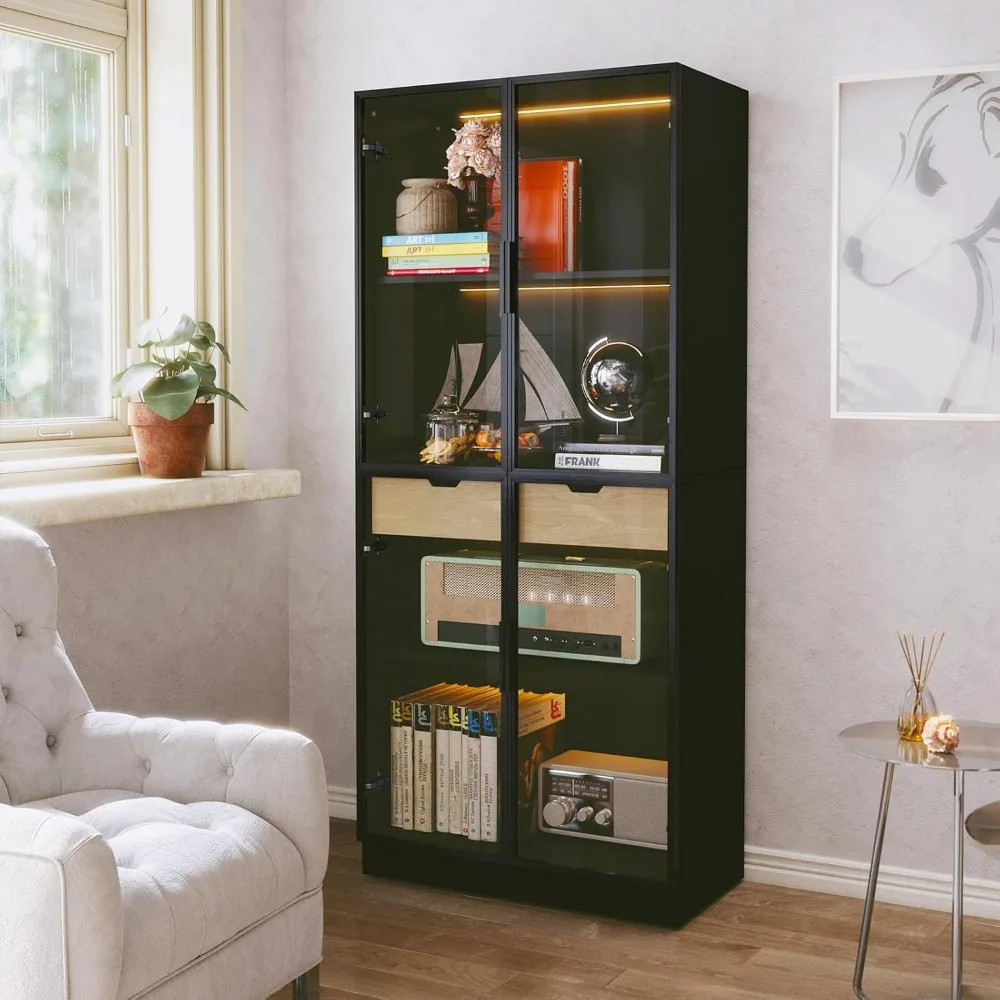 

Bar Cabinet with Glass Doors and Lights, 4-Tier Liquor Cabinets with Drawers, Bar Cabinet